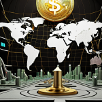 A dynamic, complex global financial market with fluctuating currency exchange rates, chaotic energy flows, and symbols representing geopolitical risks and pandemics, contrasted with a modern, integrated corporate system represented by a sturdy, digital fortress, symbolizing resilience and survival in the face of unpredictability.