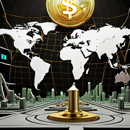 A dynamic, complex global financial market with fluctuating currency exchange rates, chaotic energy flows, and symbols representing geopolitical risks and pandemics, contrasted with a modern, integrated corporate system represented by a sturdy, digital fortress, symbolizing resilience and survival in the face of unpredictability.