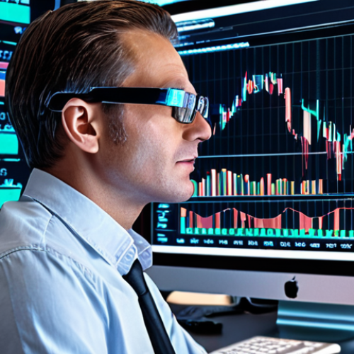 A futuristic trading desk bathed in dynamic, vibrant light, featuring multiple holographic screens displaying complex, real-time forex charts, economic indicators, and news feeds. A focused forex analyst, wearing a subtle data overlay on their glasses, is interacting with AI-driven predictive models that show patterns emerging from vast datasets. The scene emphasizes the seamless integration of human intuition, real-time data analysis, and advanced AI, portraying a high-tech environment of intense financial decision-making.