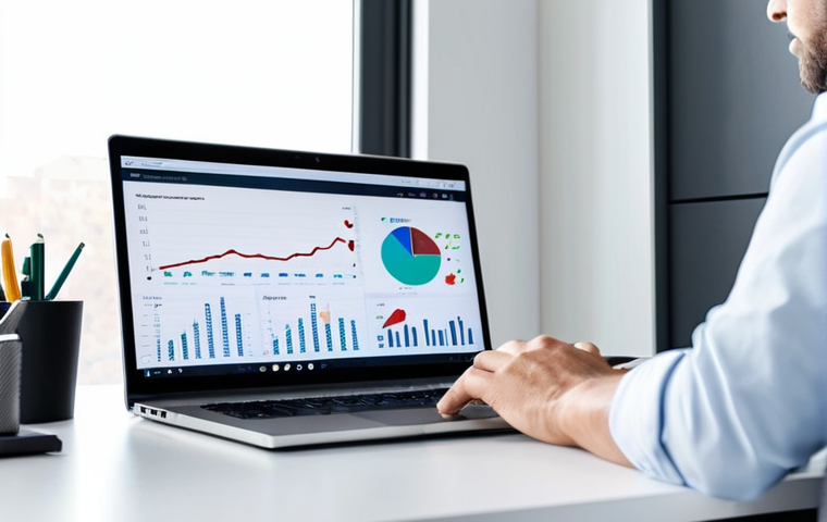 A focused professional individual, dressed in a modest business casual outfit, sitting at a clean desk in a well-lit modern home office. They are actively engaged with a laptop displaying financial charts and data, with subtle visual cues suggesting AI-driven analytics. The setting is bright and conducive to study, with a natural pose and correct proportions. well-formed hands, proper finger count, natural body proportions. The image should be safe for work, appropriate content, fully clothed, professional, high-quality, perfect anatomy, high-resolution.