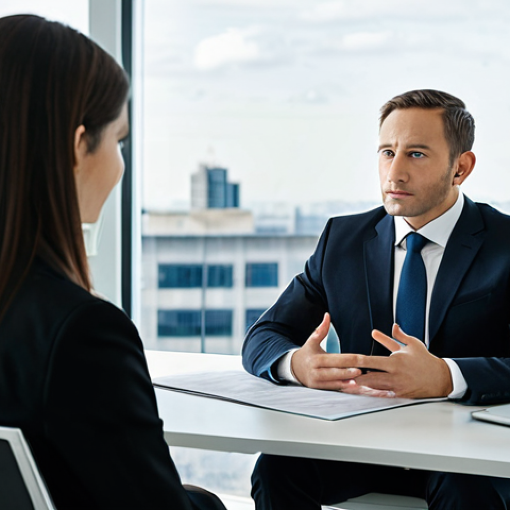 A professional financial consultant in a modest business suit is sitting across a sleek modern desk from a client in appropriate business attire. They are in a bright, contemporary office with large windows offering a city view. The consultant has a calm, empathetic expression, gesturing gently as they clearly explain complex market dynamics, helping to alleviate the client's concerns. The client listens attentively, appearing thoughtful and visibly more at ease. The background subtly features abstract, non-alarming market data visualizations. Professional photography, high detail, realistic, perfect anatomy, correct proportions, natural pose, well-formed hands, proper finger count, natural body proportions, safe for work, appropriate content, fully clothed, professional, family-friendly.