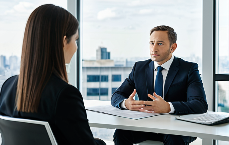 A professional financial consultant in a modest business suit is sitting across a sleek modern desk from a client in appropriate business attire. They are in a bright, contemporary office with large windows offering a city view. The consultant has a calm, empathetic expression, gesturing gently as they clearly explain complex market dynamics, helping to alleviate the client's concerns. The client listens attentively, appearing thoughtful and visibly more at ease. The background subtly features abstract, non-alarming market data visualizations. Professional photography, high detail, realistic, perfect anatomy, correct proportions, natural pose, well-formed hands, proper finger count, natural body proportions, safe for work, appropriate content, fully clothed, professional, family-friendly.