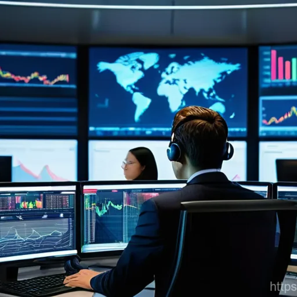 외환관리사와 해외 연수 경험 공유 - **Prompt:** A dynamic, modern financial trading floor scene. Diverse male and female professionals, ...
