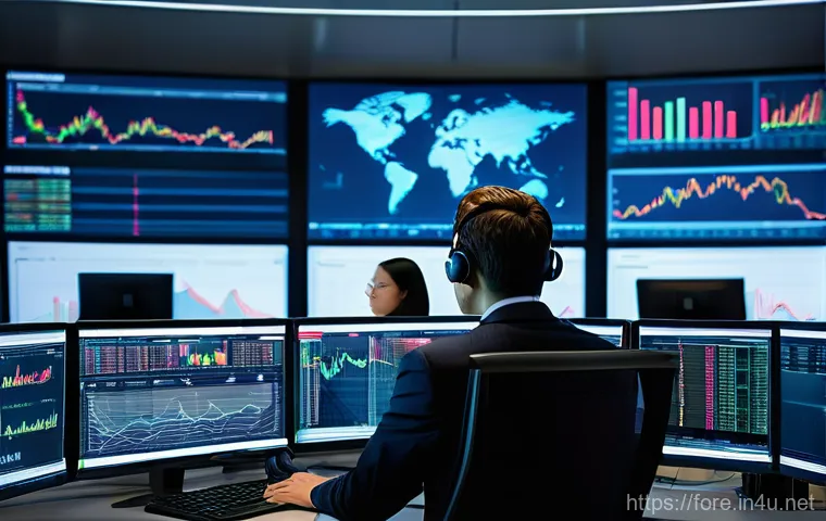 외환관리사와 해외 연수 경험 공유 - **Prompt:** A dynamic, modern financial trading floor scene. Diverse male and female professionals, ...