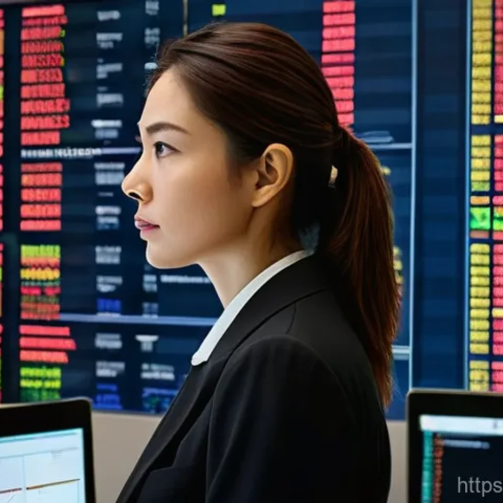 외환관리사 직무 교육 과정 소개 - A highly focused female foreign exchange manager, in her mid-30s, professionally dressed in a sharp,...