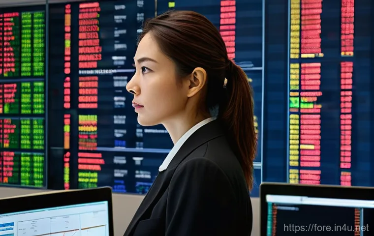 외환관리사 직무 교육 과정 소개 - A highly focused female foreign exchange manager, in her mid-30s, professionally dressed in a sharp,...