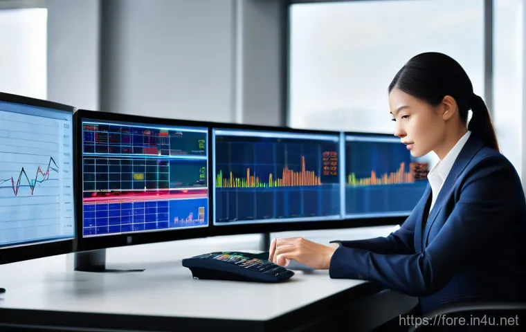 외환관리사 업무 사례 모음 - **Prompt:** A highly focused male or female foreign exchange manager, dressed in a sharp business su...