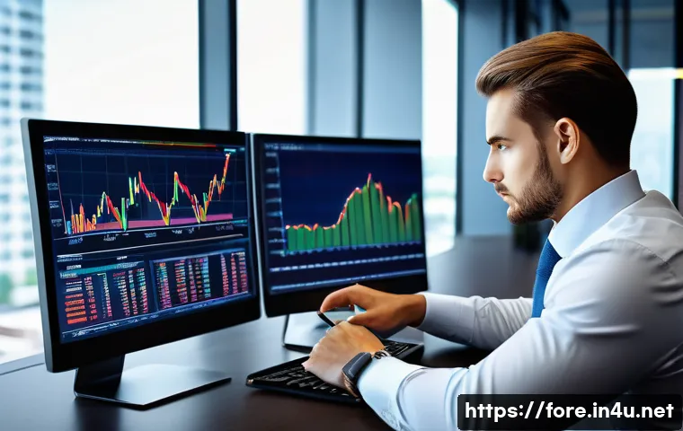 외환관리사와 외환 교육 프로그램 개발 - A professional foreign exchange manager analyzing complex currency charts and financial data on mult...