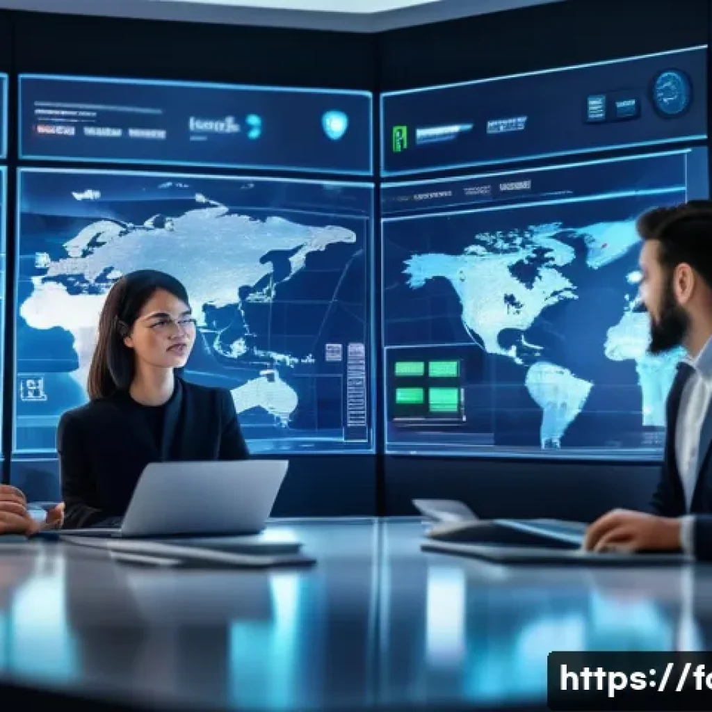 외환관리사와 외환 관리 혁신 사례 - A modern corporate office setting with diverse professionals collaborating around large digital scre...