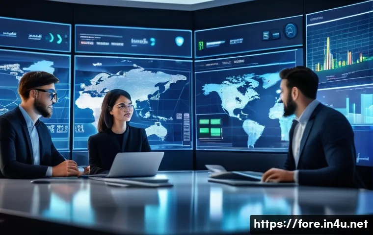 외환관리사와 외환 관리 혁신 사례 - A modern corporate office setting with diverse professionals collaborating around large digital scre...