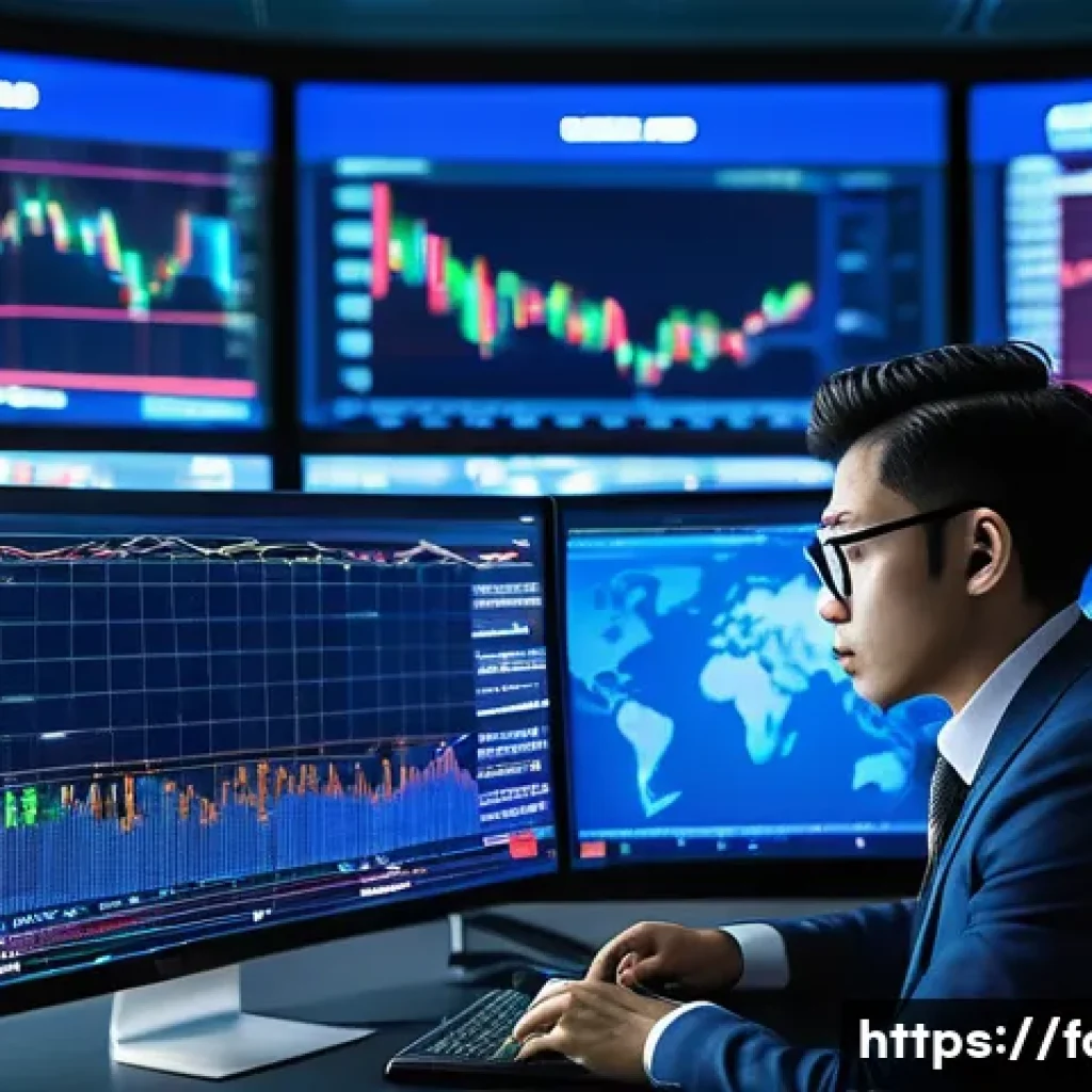 외환관리사와 외환 시장 전략 개발 - A high-tech trading room with multiple large digital screens displaying real-time foreign exchange m...