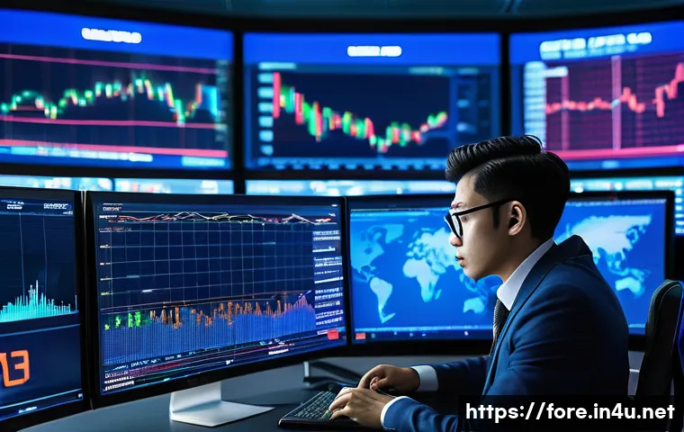 외환관리사와 외환 시장 전략 개발 - A high-tech trading room with multiple large digital screens displaying real-time foreign exchange m...