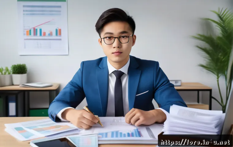 외환관리사와 외환 거래 플랫폼 비교 - A professional young Asian man in business attire studying for a forex certification exam at a moder...