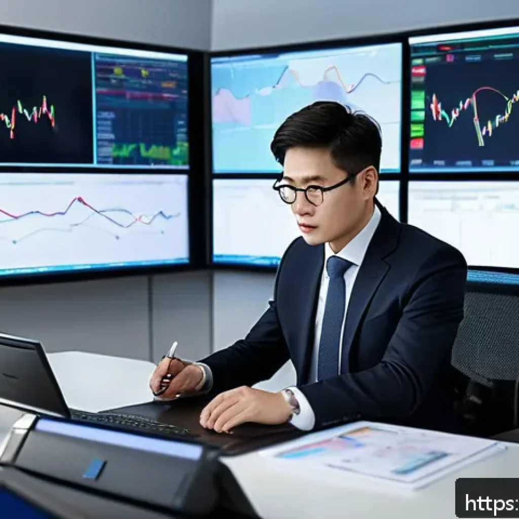 외환관리사와 외환 거래 성공 사례 분석 - A professional office setting showing a confident foreign exchange manager analyzing multiple digita...