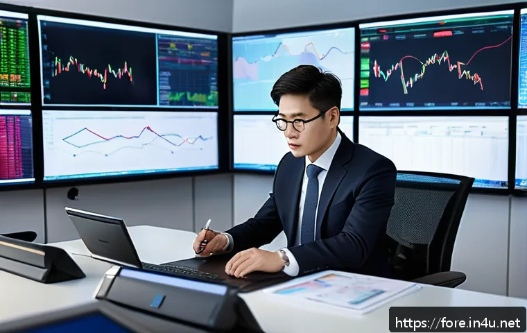 외환관리사와 외환 거래 성공 사례 분석 - A professional office setting showing a confident foreign exchange manager analyzing multiple digita...