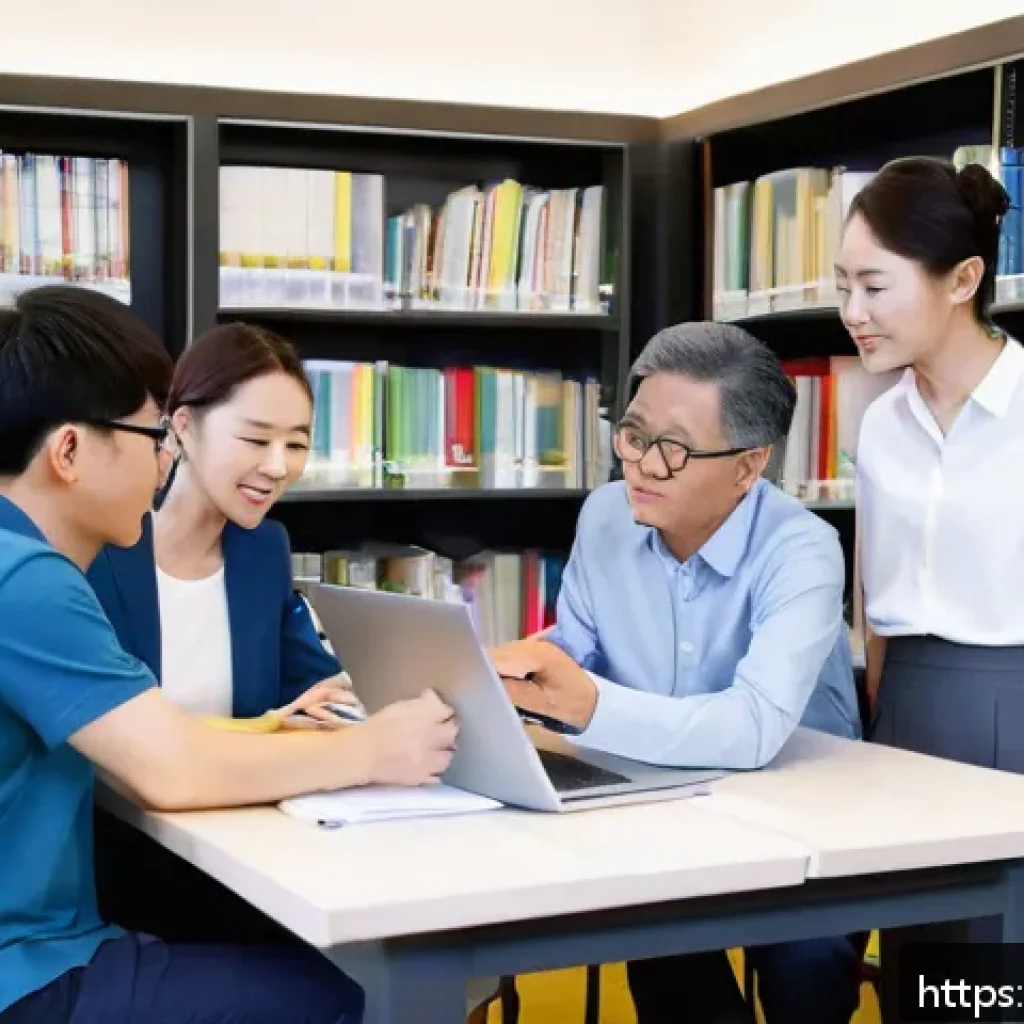 외환관리사 스터디 그룹 추천 - A diverse study group of six adults gathered around a table in a modern library room, each person re...