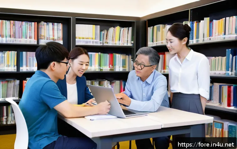외환관리사 스터디 그룹 추천 - A diverse study group of six adults gathered around a table in a modern library room, each person re...