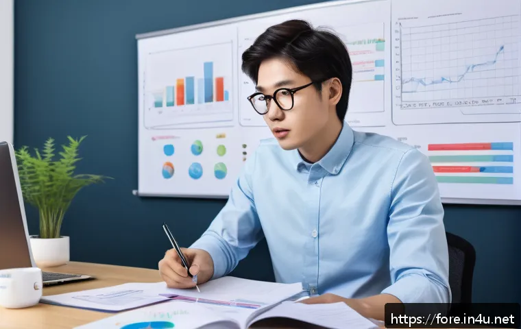 외환관리사와 외환 실무 경험 공유 - A focused study scene showing a young professional sitting at a modern desk surrounded by textbooks ...