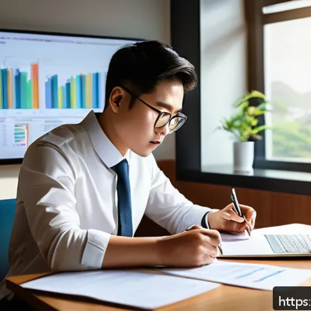 외환관리사 합격률 높이는 비법 - A focused professional studying foreign exchange management in a modern home office, surrounded by d...