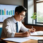 Home 20 외환관리사 합격률 높이는 비법 - A focused professional studying foreign exchange management in a modern home office, surrounded by d...