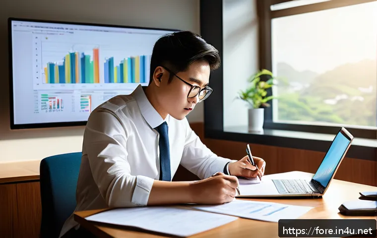 외환관리사 합격률 높이는 비법 - A focused professional studying foreign exchange management in a modern home office, surrounded by d...