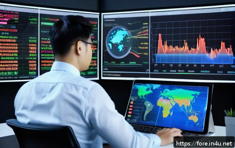 외환관리사와 외환 정책 변화 연구 - A professional foreign exchange manager in a modern office, surrounded by multiple large digital scr...