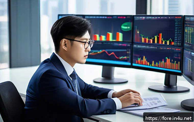 외환관리사와 외환 거래 세금 처리 - A professional financial consultant in a modern office setting, studying complex foreign exchange ma...